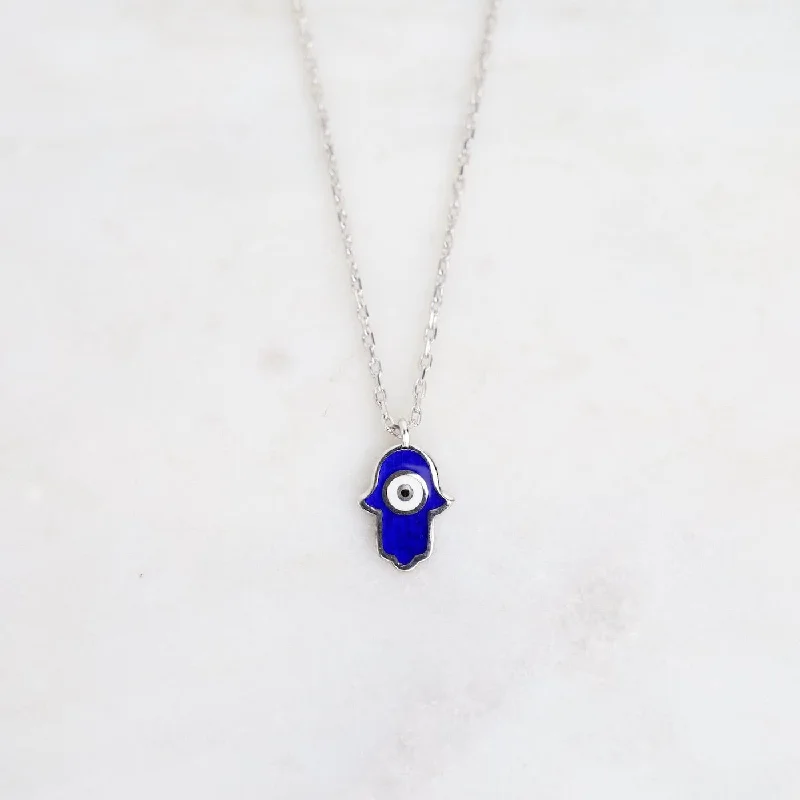 Boho Style Necklace with Silver Pendants-Hamsa with Evil Eye Enamel Necklace - Navy