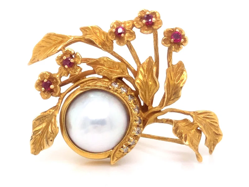 Personalized Pearl Brooch for Bridesmaids-Vintage Givenchy Diamond, Ruby and Mabe Pearl Brooch in 14k Yellow Gold