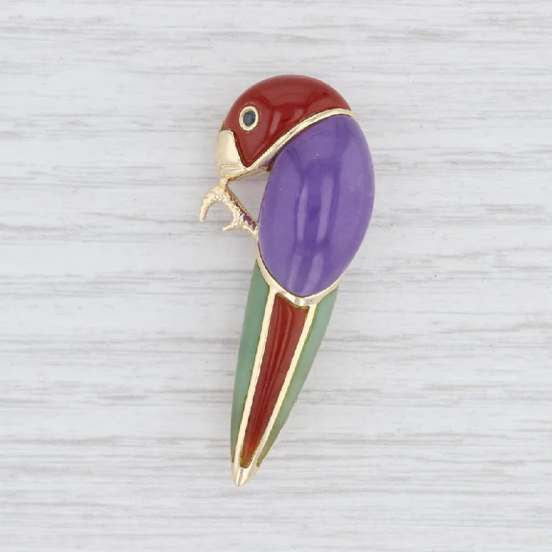 Trendy Gold Brooch with Vintage Look-Gemstone Mosaic Parrot Brooch 14k Yellow Gold Bird Pin Sapphire Jadeite Jade