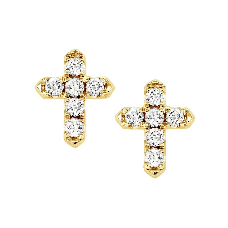 Black Diamond Earrings-PETITE YELLOW GOLD DIAMOND CROSS STUD EARRINGS, .27 CT TW