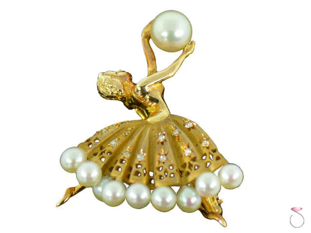 Simple Silver Brooch with Pearl Detailing-Vintage Ballerina Diamond & Akoya Pearl Brooch