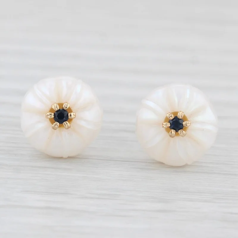 Gold Leaf Earrings-New Cultured Pearl Morning Glory Flower Sapphire Stud Earrings 14k Gold Galatea