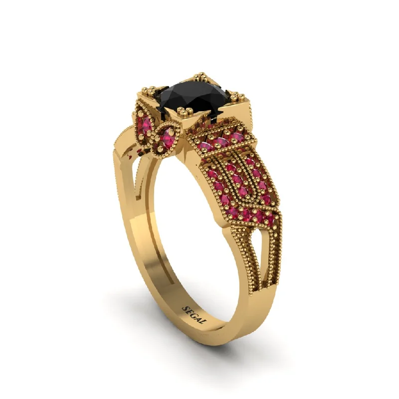 Simple Engagement Ring with Halo Diamond-Black Diamond Milgrain Gold Engagement Ring - Lyric No. 52