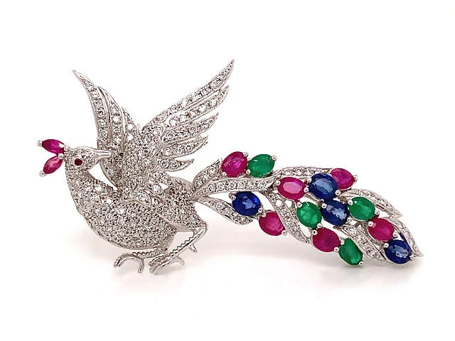 Custom Brooch with Inspirational Word or Quote-Peacock Diamond Ruby Sapphire & Emerald Brooch in 18k White Gold