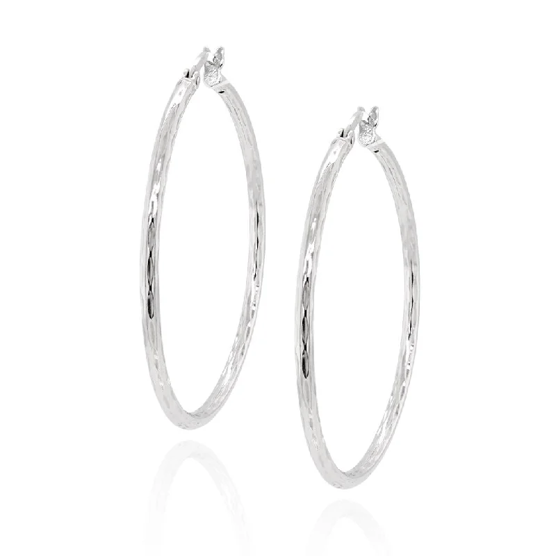 Rainbow Earrings for Festivals-STERLING SILVER DIAMOND CUT HOOP EARRINGS, 50MM