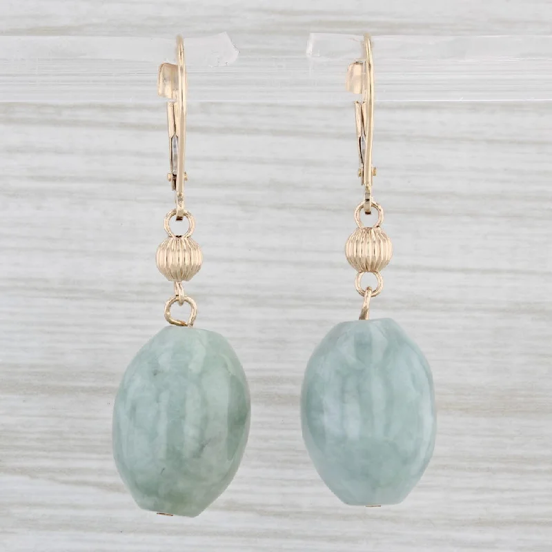 Minimalist Hoop Earrings-Jadeite Jade Bead Dangle Earrings 14k Yellow Gold Pierced Lever Back Drops