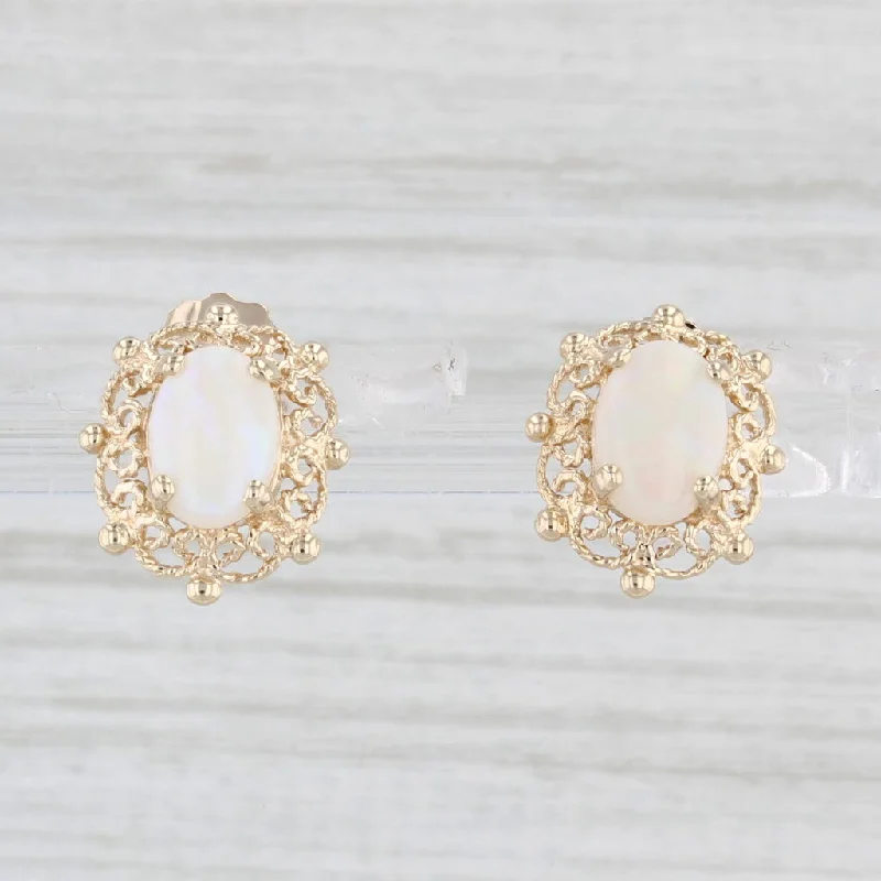 High-End Gold Earrings-Vintage Filigree Opal Solitaire Stud Earrings 10k Yellow Gold