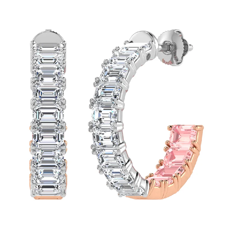 Summer Earrings for Vacation-14K Two Tone Lab Grown 5 5/8 Ct.Tw. Outside White and Inside Pink Emerald Hoop Earrings