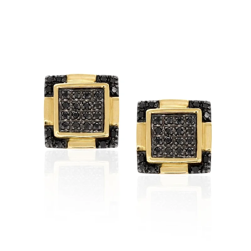 Clear Crystal Earrings-YELLOW GOLD SQUARE STUDS WITH BLACK DIAMONDS, .25 CT TW