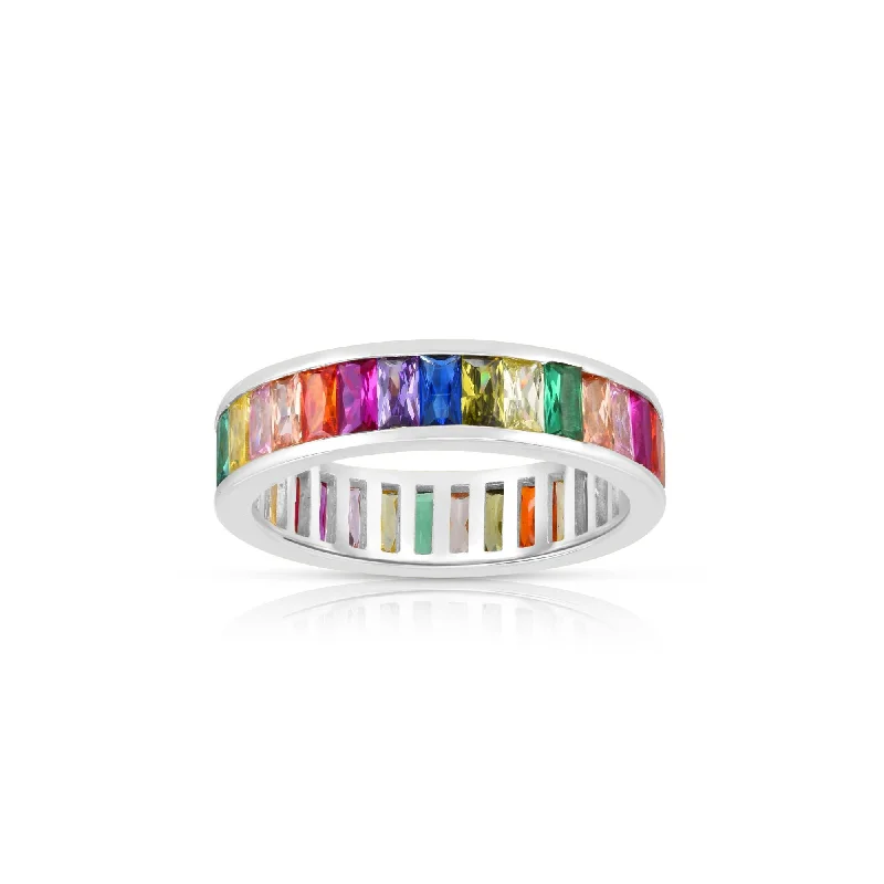 Personalized Infinity Ring for Love-Rainbow Baguette Channel Eternity Ring (Silver)