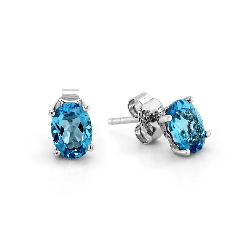 Modern Style Earrings-WHITE GOLD OVAL BLUE TOPAZ STUD EARRINGS