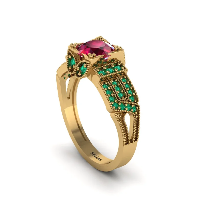 Elegant Sapphire Ring with Diamond Accents-Ruby Milgrain Gold Engagement Ring - Lyric No. 25