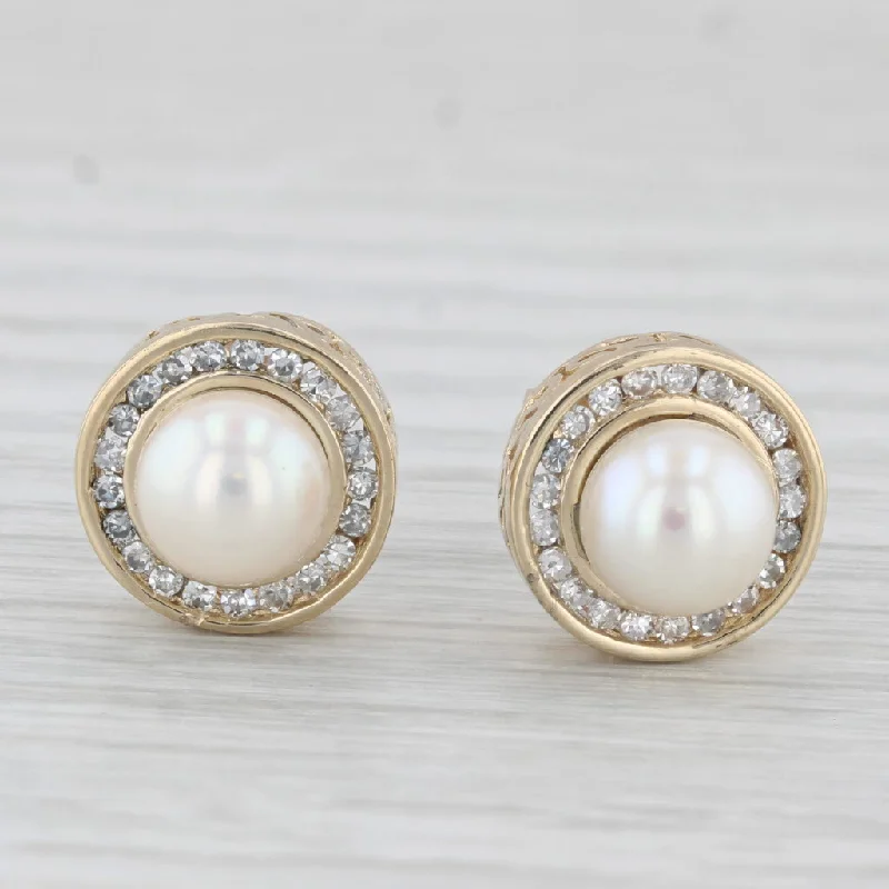 Silver Circle Earrings-Cultured Pearl 0.20ctw Diamond Halo Stud Earrings 14k Yellow Gold