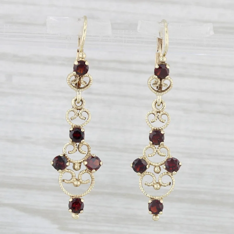 Fashion Earrings for Teenagers-Ornate 1.10ctw Garnet Dangle Earrings 14k Yellow Gold Lever Back Drops