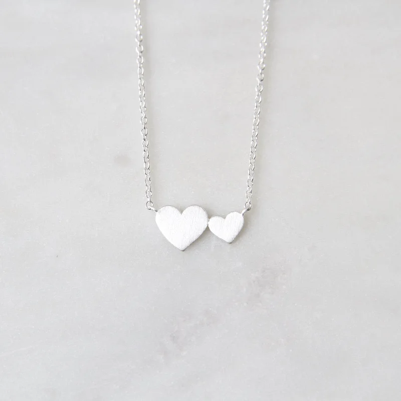 Simple Gold Necklace with Pendant-Brushed Sterling Silver Big & Little Hearts Necklace