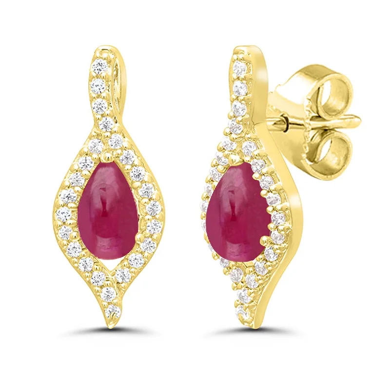 3D Earrings for Women-YELLOW GOLD STUD EARRINGS WITH PEAR SHAPED CABOCHON RUBIES AND SIDE DIAMONDS, .14 CT TW