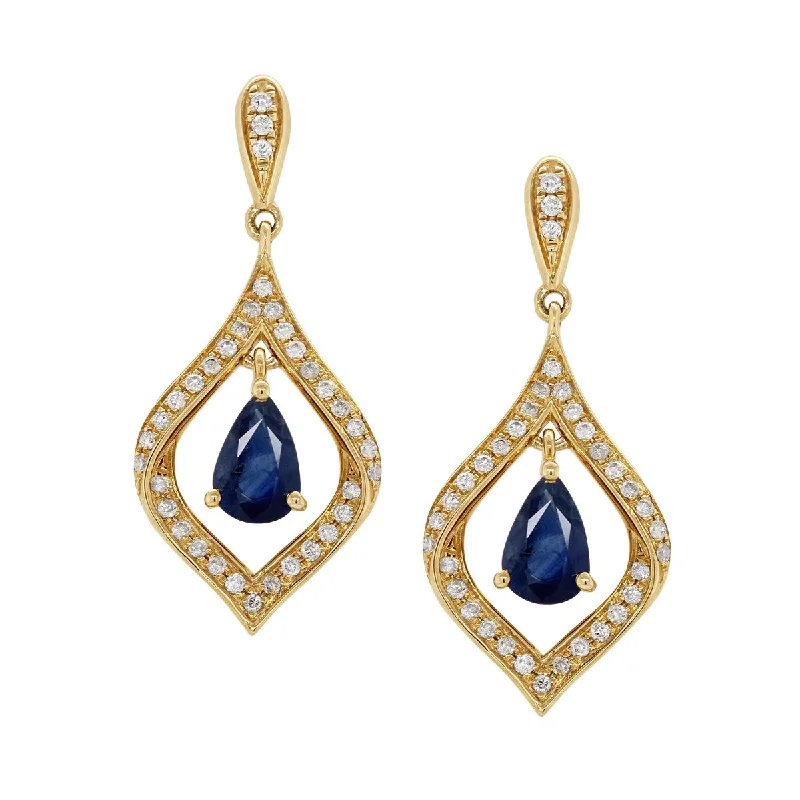 Sterling Silver Earrings-YELLOW GOLD DANGLE EARRINGS WITH DIAMONDS AND PEAR SAPPHIRES, .29 CT TW