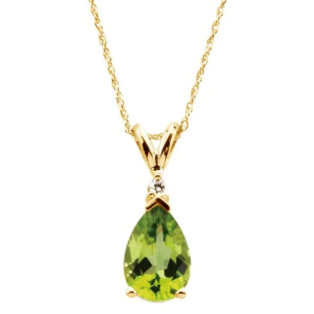 Layered Gold Necklace for Trendy Look-14k Yellow Gold Peridot Pear Teardrop & Diamond 18" Necklace