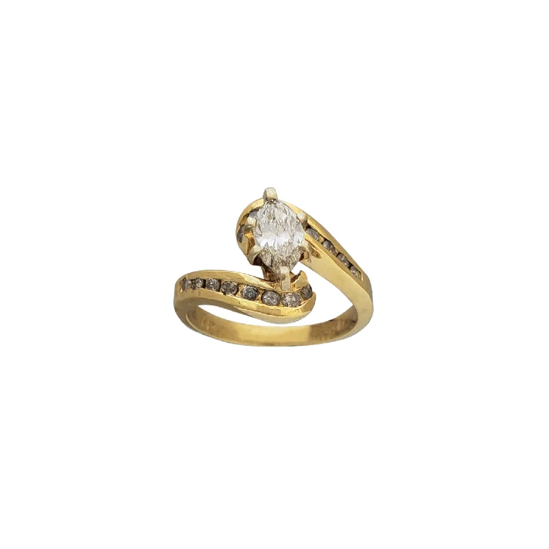 Custom Gold Ring with Personal Message-Diamond Bypass Marquise Engagement Ring (14K)