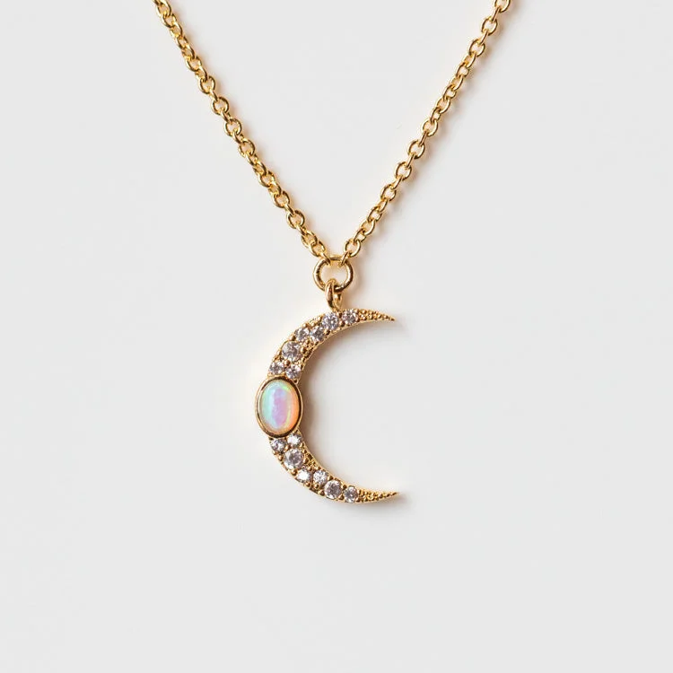 Minimalist Necklace for Bridesmaids-Crescent Moon Necklace with Opal and CZ