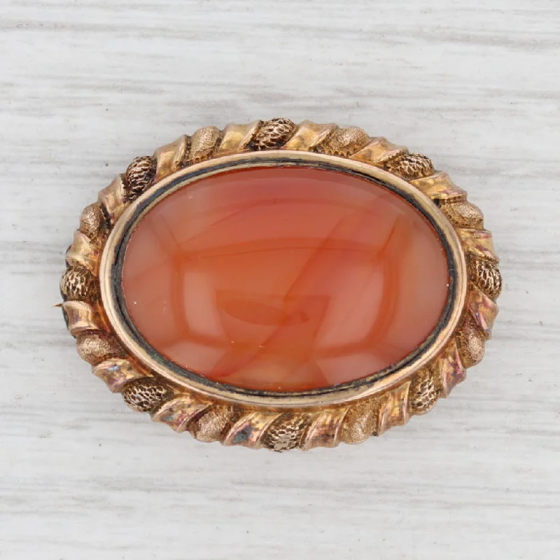 Elegant Brooch with Engraved Crystal and Pearl-Antique Carnelian Brooch 14k Yellow Gold Oval Burnt Orange Red Stone