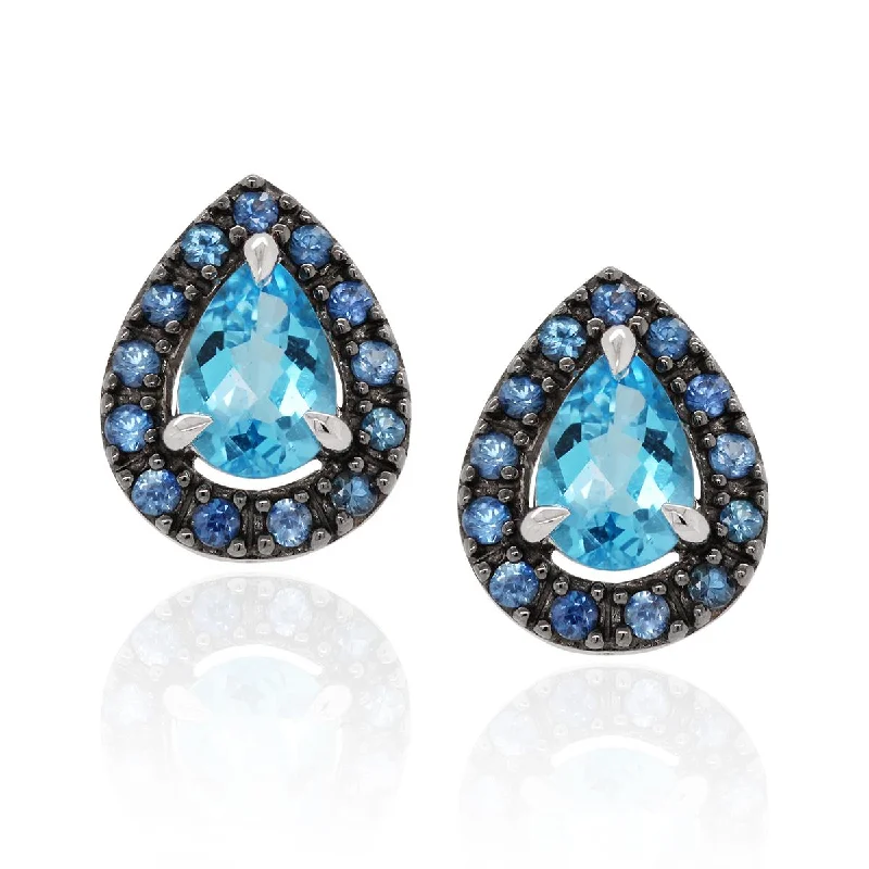 Sparkly Diamond Earrings-WHITE GOLD STUD EARRINGS WITH PEAR SHAPED BLUE TOPAZ AND SAPPHIRE HALOS