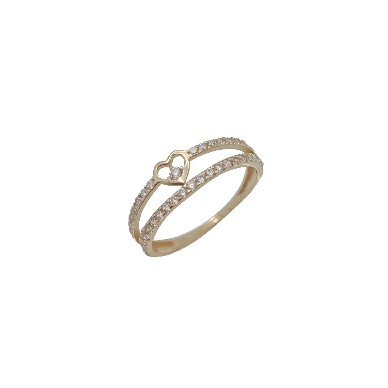 Simple Titanium Ring for Everyday Wear-Heart Two-Row CZ Ring (14K)