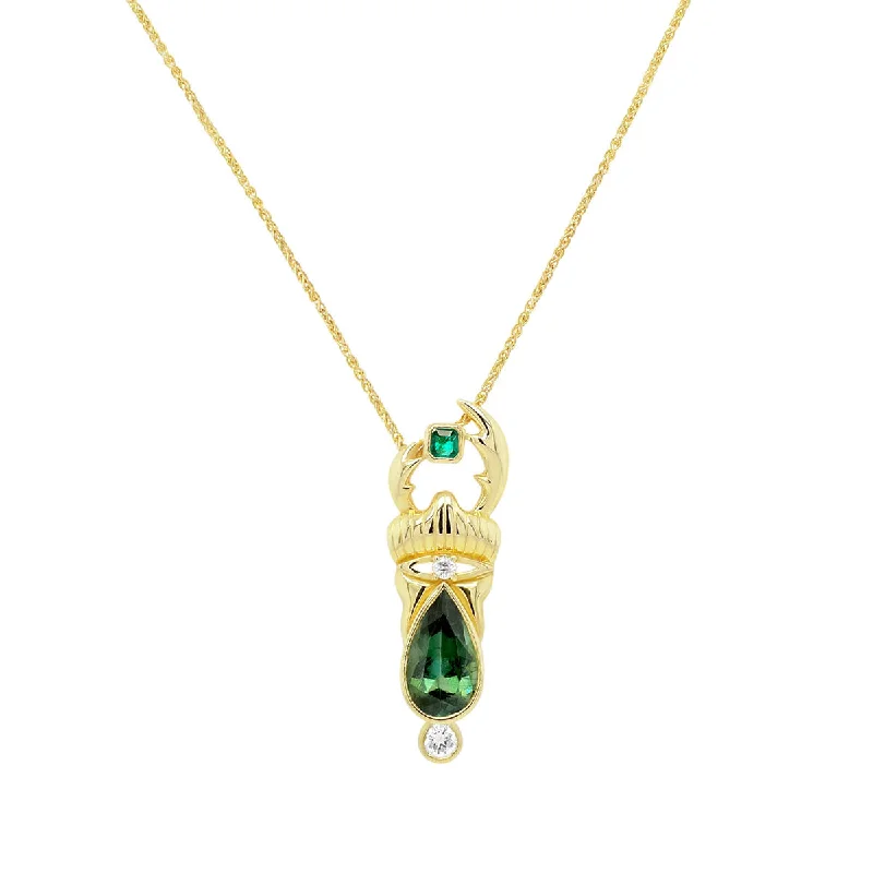 Long Chain Necklace with Large Pendant-Stag Beetle Necklace | 4.50GMS 2.10CTW | Tourmaline + Emerald