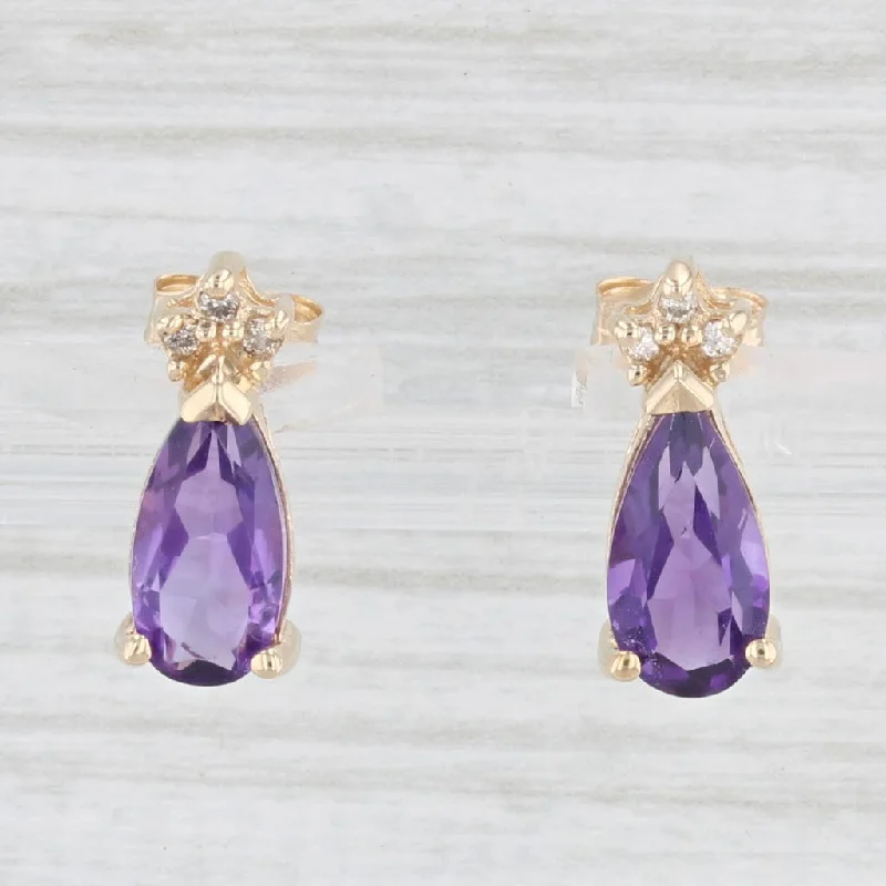 Large Statement Earrings-1.90ctw Amethyst Diamond Teardrop Stud Earrings 10k Yellow Gold