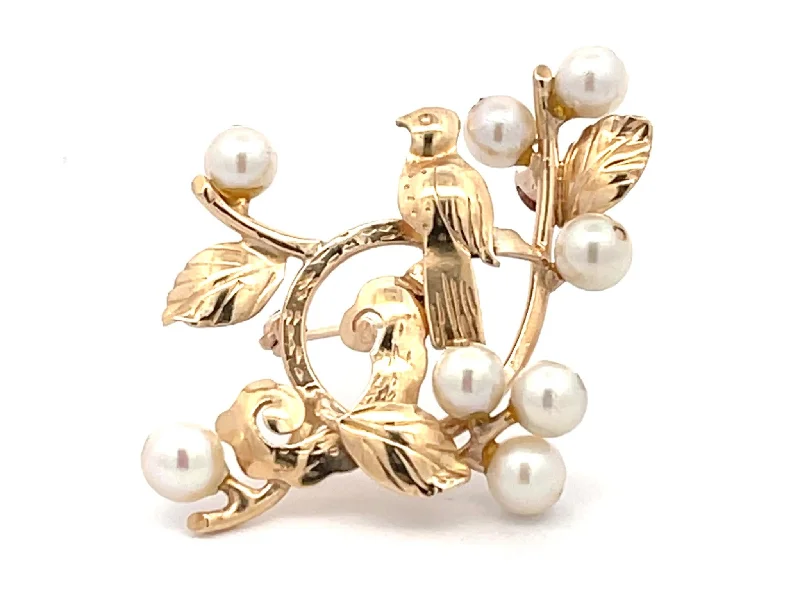 Elegant Gemstone Brooch for Weddings-Mings Bird on a Plum Pearl Brooch in 14k Yellow Gold