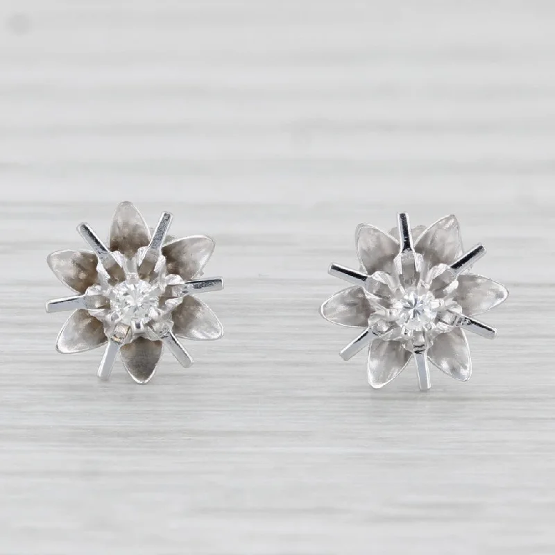 Mixed Metal Earrings-Vintage Solitaire VS2 Diamond Flower Stud Earrings 14k White Gold Studs