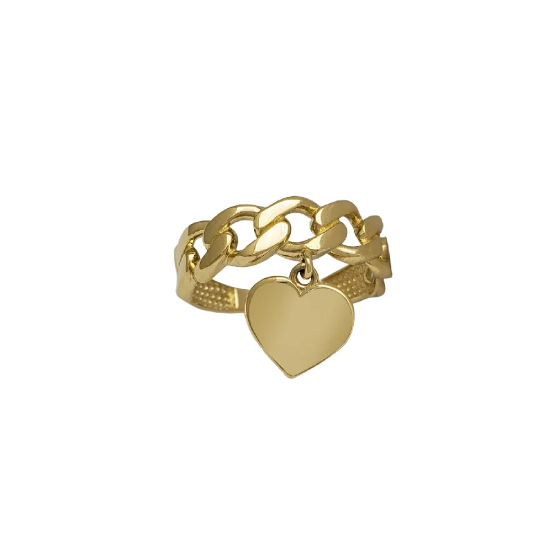 Simple Silver Ring with Minimalist Design-Dangling Heart Cuban Link Ring (14K)