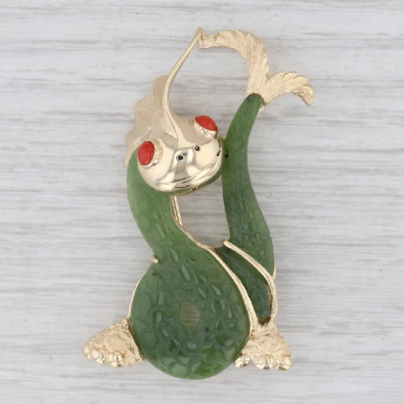 Simple Silver Brooch with Gemstone Heart-Green Nephrite Jade Carved Dragon Brooch 14k Yellow Gold Coral Pin Asian Jewelry