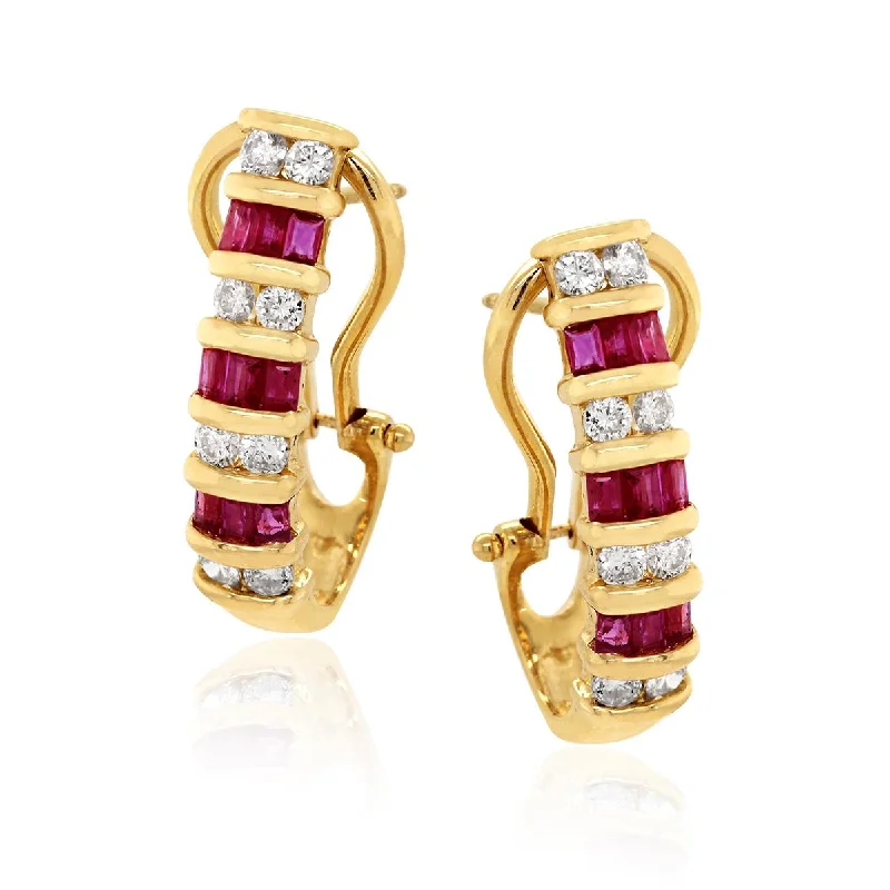 Sparkly Diamond Earrings-YELLOW GOLD HALF HOOP EARRINGS WITH RUBIES, 1/2 CT TW