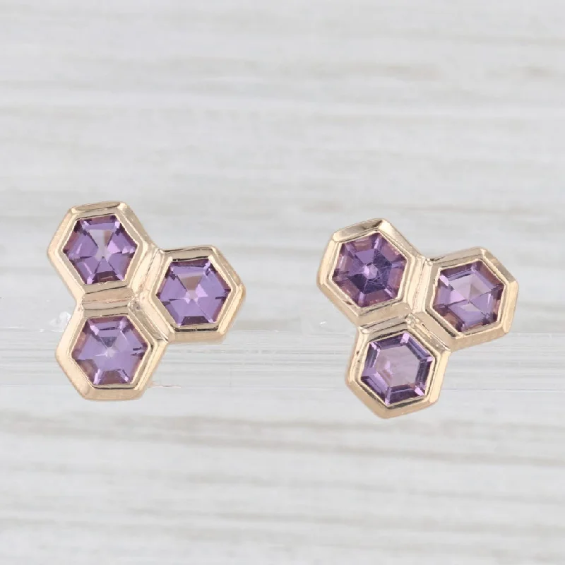 Fancy Wedding Earrings-New Amethyst Hexagon Cluster Stud Earrings 14k Yellow Gold