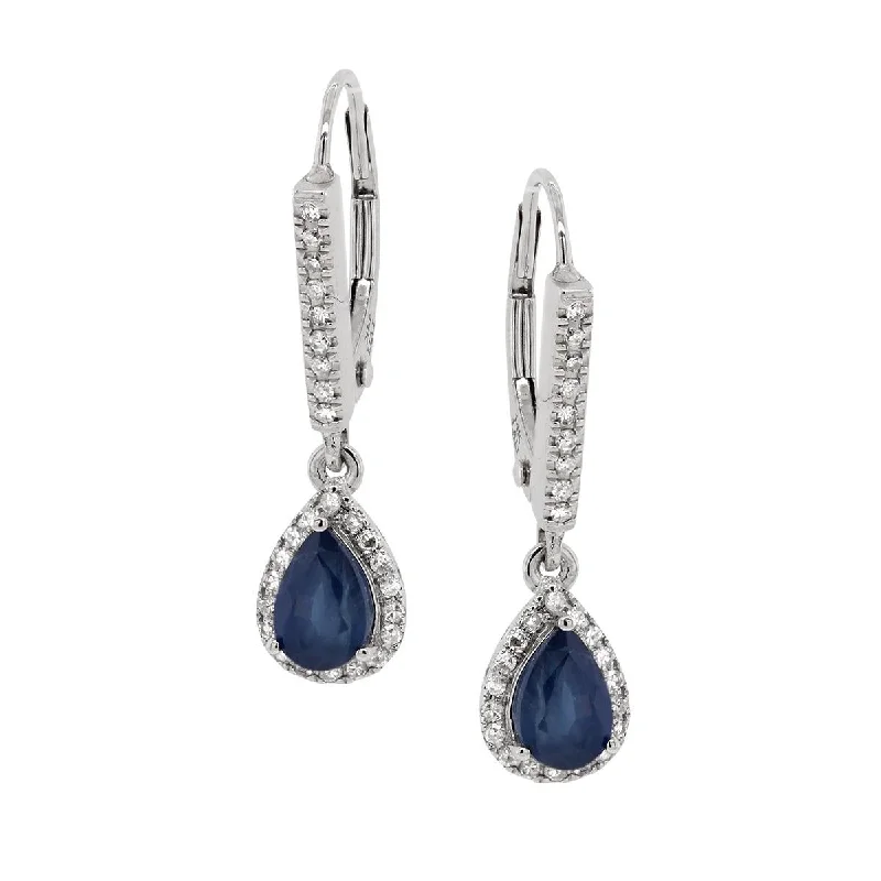 Handmade Silver Earrings-WHITE GOLD SAPPHIRE DANGLE EARRIGNS WITH DIAMOND HALOS, .24 CT TW