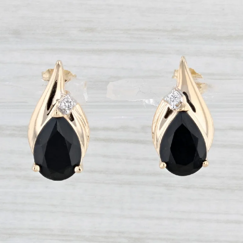 Shiny Silver Earrings-Pear Onyx Diamond Teardrop Stud Earrings 14k Yellow Gold