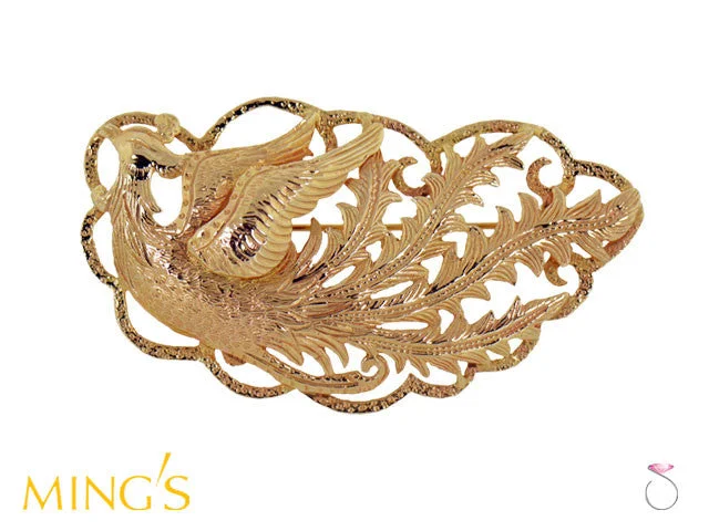 Custom Brooch with Engraved Family Name-Ming's Brooch Phoenix in 14K Yellow Gold