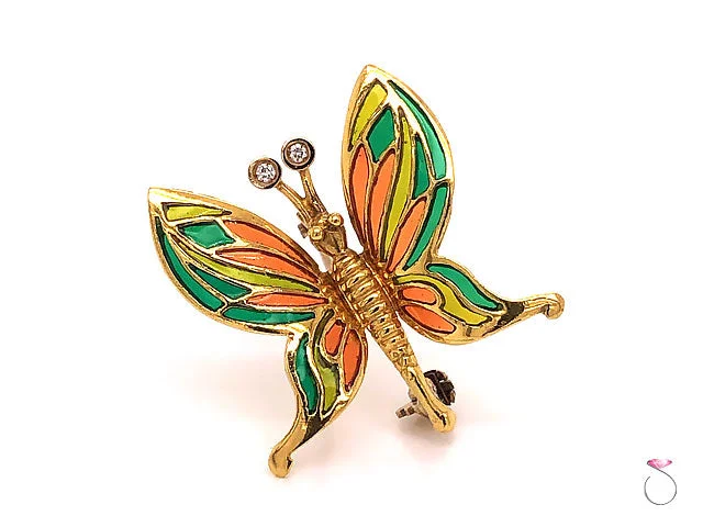 Classic Rose Gold Brooch with Minimalist Design-Vintage Butterfly Enamel & Diamond Brooch in 18K Yellow Gold