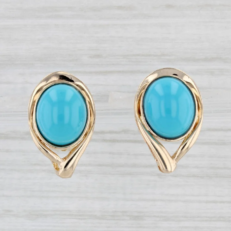 Clip-On Earrings for Non-Pierced Ears-Imitation Turquoise Glass Cabochon Teardrop Earrings 14k Yellow Gold Omega Backs