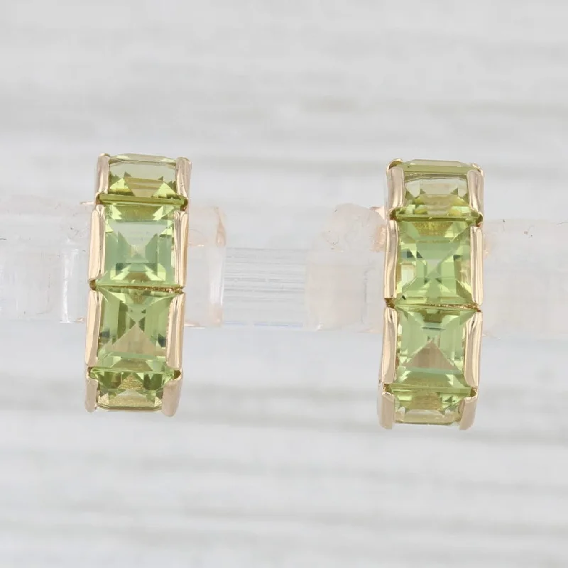 Bohemian Earrings for Festivals-4ctw Green Peridot Half Hoop Earrings 14k Yellow Gold