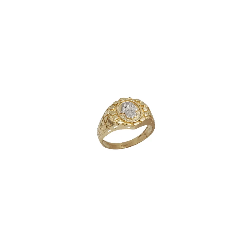 Personalized Gold Ring with Name-Two Tone Nugget With Hamsa Ring (14K)