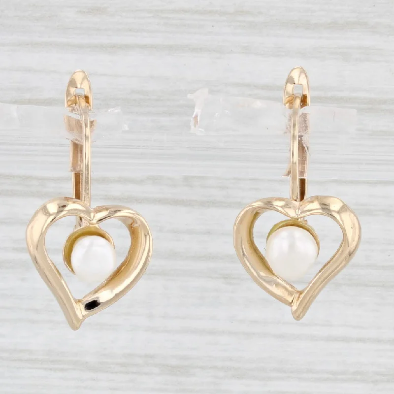 Personalized Crystal Earrings-Cultured Pearl Heart Drop Earrings 10k Yellow Gold Pierced Leverbacks