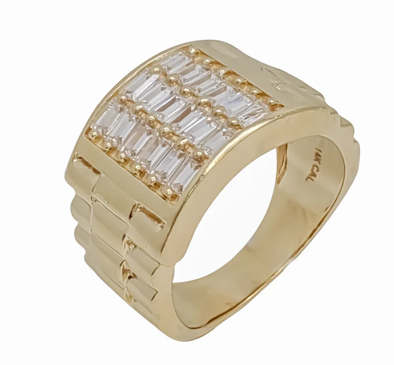 Simple Men’s Gold Ring with Engraving-Cubic Zirconia Men  Ring (14K)