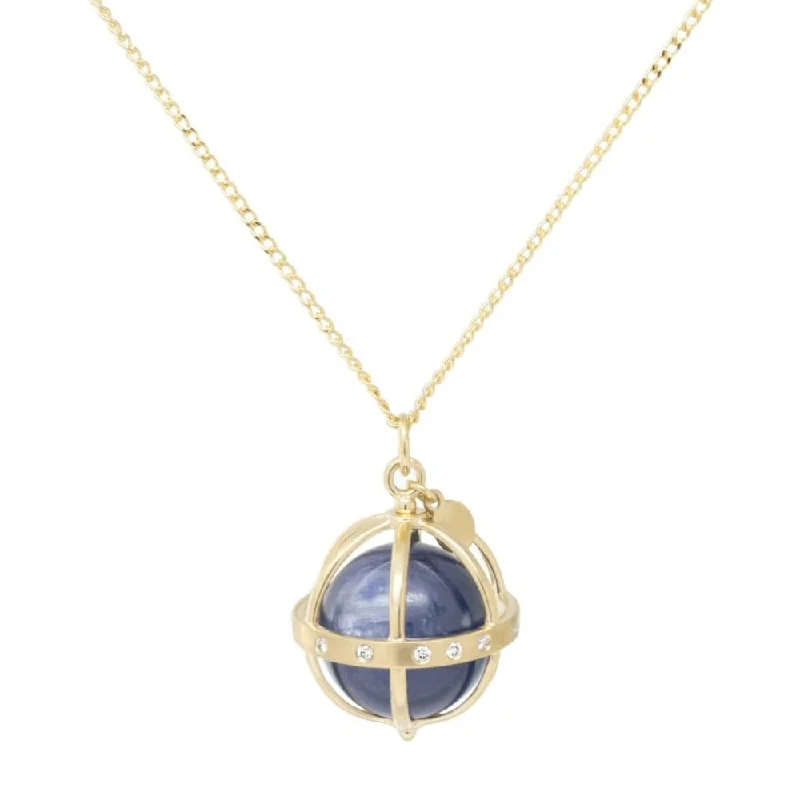 Fine Silver Necklace for Special Occasions-18K  Large Cage Necklace with Gemstone Ball - Kyanite