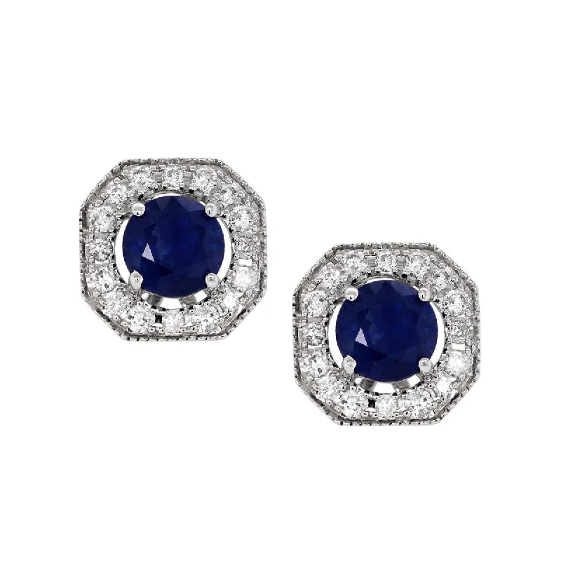 Colorful Statement Earrings-WHITE GOLD SAPPHIRE STUD EARRINGS WITH DIAMOND HALOS, .27 CT TW