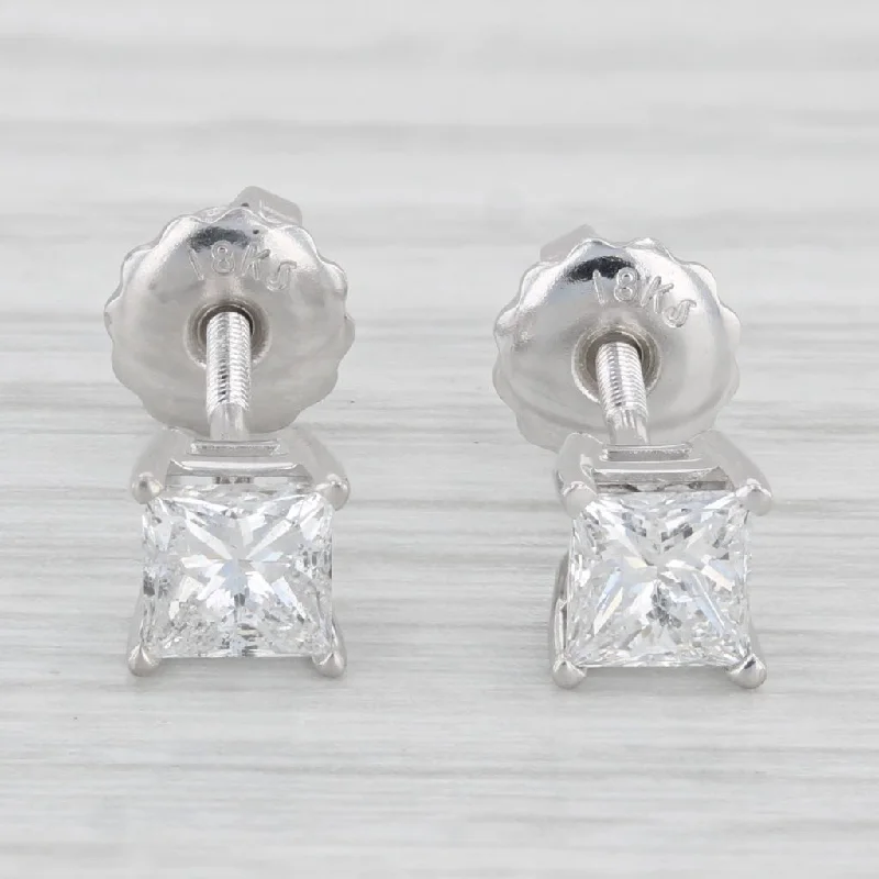 Golden Diamond Earrings-0.86ctw Princess Diamond Stud Earrings 18k White Gold Screw Back Pierced IGI