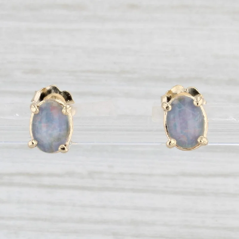 Colorful Acrylic Earrings-Opal Solitaire Stud Earrings 14k Yellow Gold Oval Cabochon