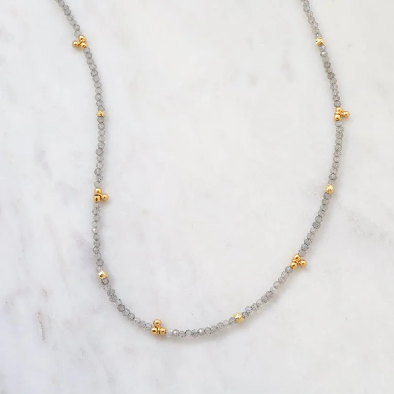 Trendy Gold Necklace with Colorful Gems-Labradorite Tiny Gold Ball Charms Necklace