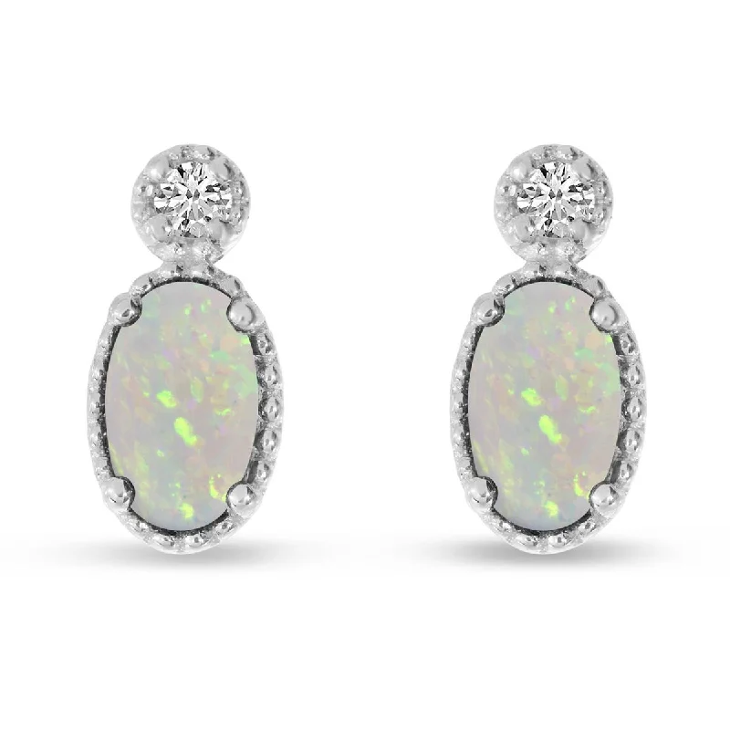 Freshwater Pearl Earrings-WHITE GOLD STUD EARRINGS WITH OVAL OPALS AND DIAMONDS, .03 CT TW